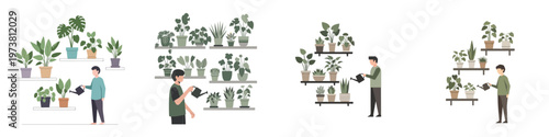 A flat minimalist vector illustration set of a person watering various potted houseplants arranged on shelves, with no outlines and a white background.