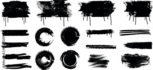 Abstract black ink splatters and brush strokes collection on white background