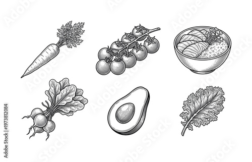 A set of healthy food illustrations in a vintage engraving style. Includes vegetables, avocado and a poke bowl. Perfect for organic menus, packaging, and branding.