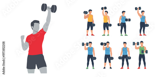 Vibrant vector illustrations depicting a male athlete engaging in an overhead dumbbell press, symbolizing strength, physical fitness, and a focused workout for a healthy lifestyle