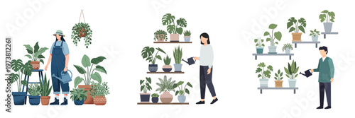 Illustrations showcasing the serene and rewarding hobby of indoor plant care, with people nurturing a variety of vibrant houseplants to create a refreshing green home environment