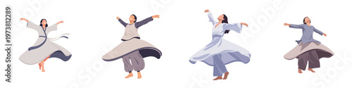 Whirling Dervishes Performing Sufi Dance in Traditional White Robes, Representing Mysticism and Spirituality
