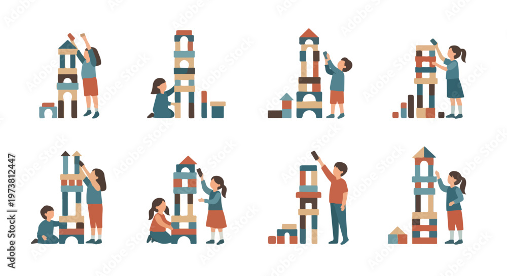 Fototapeta premium Joyful children engaged in creative construction, building colorful wooden block towers and developing essential skills through imaginative play and learning activities