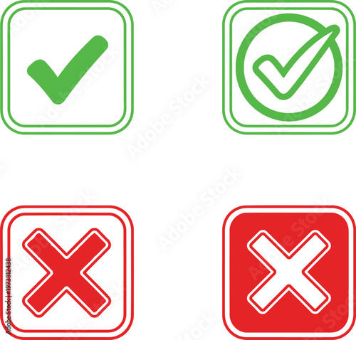 Green check mark and red cross mark icons in square buttons for web design and user interface. Vector