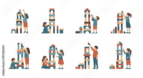 Joyful children engaged in creative construction, building colorful wooden block towers and developing essential skills through imaginative play and learning activities