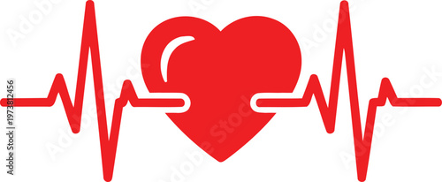 Red heart icon with heartbeat line on white background representing health and love Vector