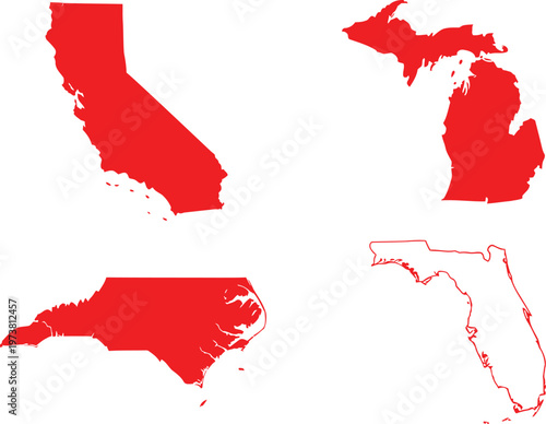 Red silhouettes of california, michigan, north carolina, and florida states on white background. Vector