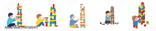 Capturing the joy and developmental benefits of early childhood play, these scenes illustrate young children enthusiastically constructing towering structures with colorful building blocks