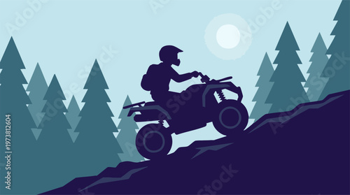 ATV rider climbing a rocky hill in a forest landscape during sunset