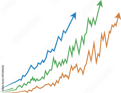 Three colorful line graphs with arrows pointing upwards representing growth, success and progress Vector