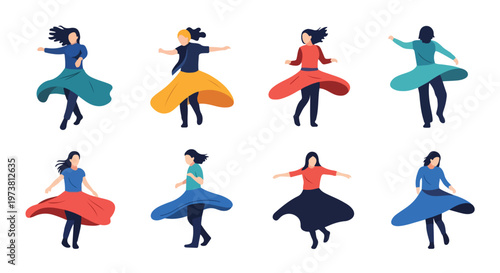 Dynamic illustration of diverse women in colorful, flowing skirts, gracefully spinning and dancing with joyful energy, showcasing freedom of movement against a clean white background