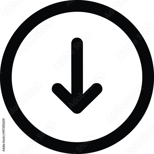 Simple black and white line icon of a downward pointing arrow inside a circular frame. Vector