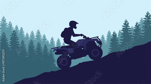 Silhouette of person on ATV riding uphill through a forest landscape