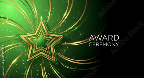 Elegant award ceremony background with a vibrant green and gold starburst design, featuring swirling lines and sparkling bokeh effects, ideal for recognition events.