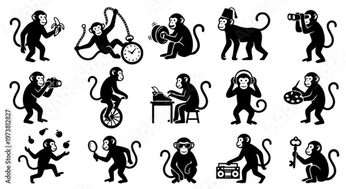 A diverse set of black silhouette monkeys performing various human-like activities, illustrating concepts of intelligence, creativity, and entertainment in a playful vector style.