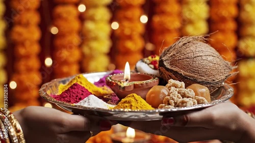 Close-up of a woman's hand adorned with traditional mehndi and bangles lighting a diya on a festive puja thali during a Hindu religious ceremony or festival celebration