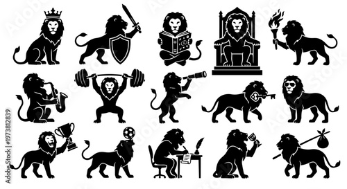 A diverse collection of black lion silhouettes engaged in various human-like activities, representing different professions, hobbies, and concepts.
