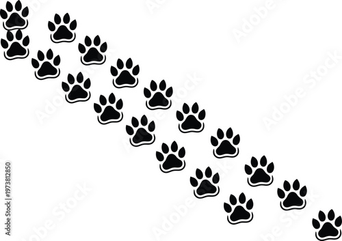 Black animal paw prints forming a diagonal trail across a plain white background surface. Vector