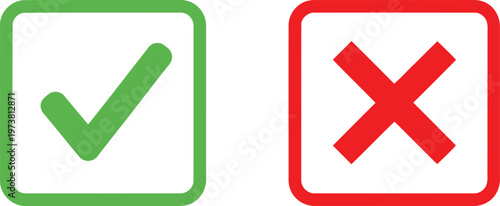 Green check mark in a green square and red cross mark in a red square isolated on white Vector