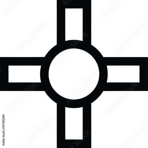 Simple black and white line art illustration of a directional pad icon with a central circle. Vector