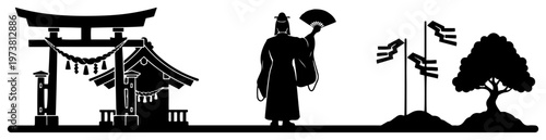 Photos Traditional Japanese Shinto shrine scene with priest silhouette torii gate and c