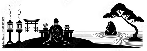 Bild auf Leinwand Minimalist silhouette of a Zen monk meditating in a Japanese rock garden with to