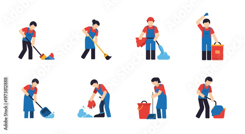 Set of cleaning service icons depicting various cleaning tasks and actions