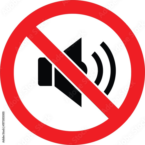 A red circular prohibition sign with a diagonal slash over a black speaker icon indicating no sound. Vector