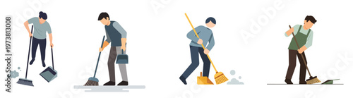 Illustrations of people engaged in household cleaning tasks such as sweeping and tidying up spaces
