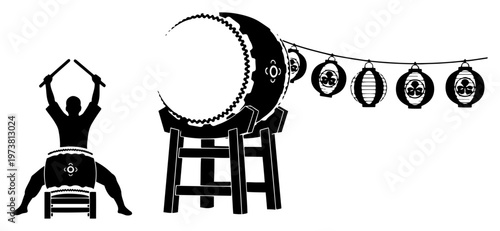 Photography Dynamic silhouette of a Japanese taiko drummer playing large traditional percuss
