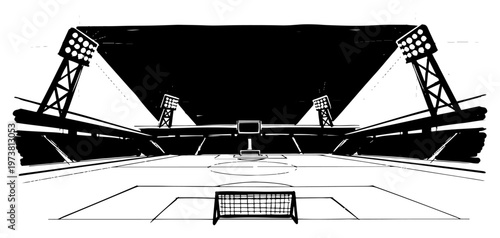 Obraz na płótnie Artistic sketch of a soccer stadium at night with bright floodlights and goal po