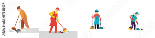 Dynamic collection of cartoon characters sweeping with brooms, perfect for representing professional cleaning services, domestic chores, and essential property maintenance activities