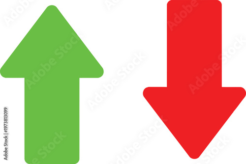 Green up arrow and red down arrow symbols representing growth and decline on white background. Vector