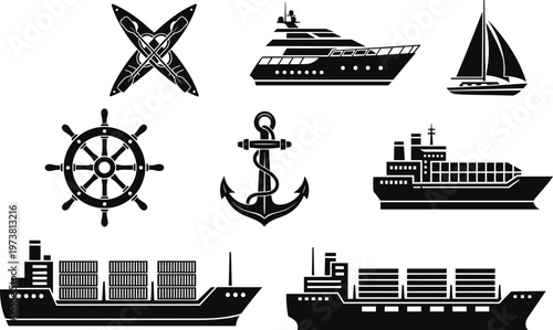 Set of nautical maritime vector icons featuring cargo ships, luxury yachts, sailboats, anchors, steering wheels, and kayaks for marine industry design