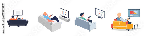 фотографія People Relaxing on Sofas Watching Television Screens at Home