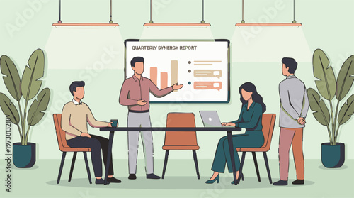Office team presenting and discussing a quarterly synergy report