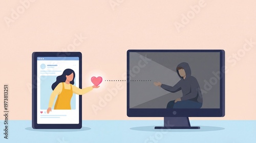 online dating romance scam concept illustration. hacker on computer stealing heart from woman on tablet social media profile. cyber security and internet fraud. banner, website header, copyspace.