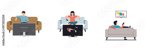 Home entertainment and relaxation vector illustrations showing people on sofas watching television. Diverse scenes depicting various TV viewing habits and leisure activities
