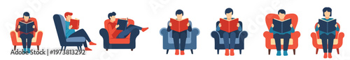 People enjoying leisure time reading books in comfortable chairs, relaxing indoors with literature