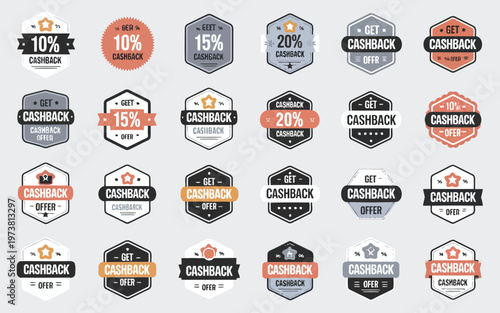Collection of diverse cashback and discount offer badges for promotions and deals Vector