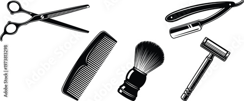 Set of vintage barbershop vector icons featuring professional hair scissors, straight razor, shaving brush, comb, and safety razor for grooming design