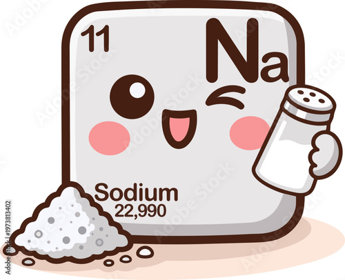 Cute kawaii sodium element illustration from the periodic table with atomic number 11 and symbol Na. Adorable smiling character with salt shaker concept, flat vector design isolated on white. 
