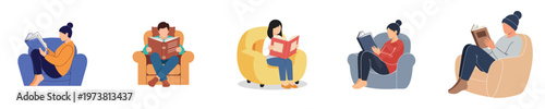 Diverse people enjoying the quiet pleasure of reading books, depicted in a collection of flat vector illustrations showcasing relaxation, learning, and comfortable leisure moments in various settings