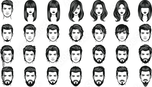 Silhouette hairstyle illustration, male female grooming styles, diverse haircuts, beard mustache variations, fashion design, beauty reference, vector art collection