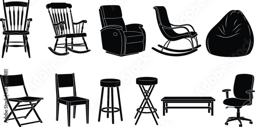 Silhouette furniture collection, diverse chair designs, modern seating, vintage styles, minimalist illustration, office chair, bean bag, bar stool, folding chair