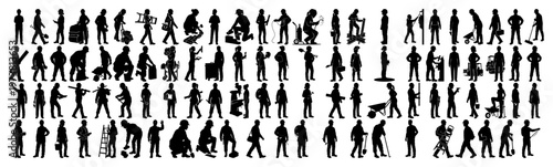 Construction worker silhouettes collection showing builders and manual laborers working with tools in flat black style