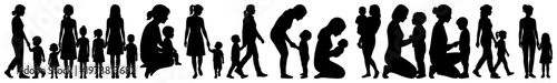 Mother and child silhouettes showing parents bonding with children in various poses in solid black style