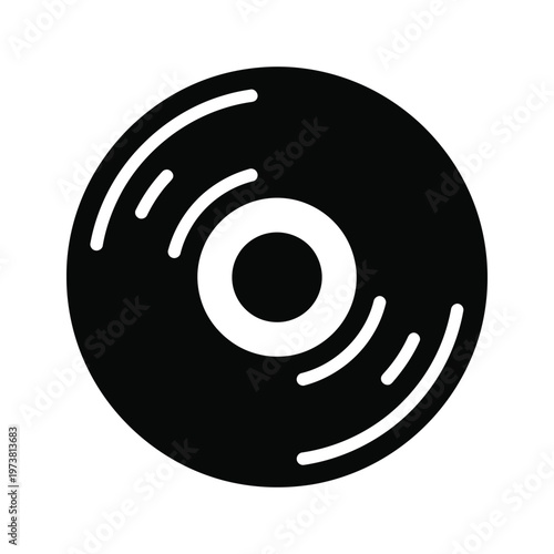 Black and white icon of a circular spiral with radiating lines resembling a vinyl record or audio symbol