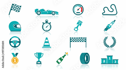 Racing and motorsport icons collection on a white background