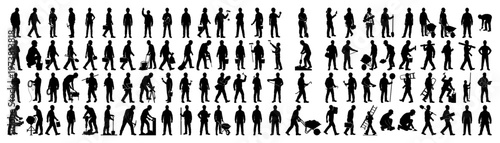 Construction worker silhouettes using diverse tools and equipment for industrial projects in vector style